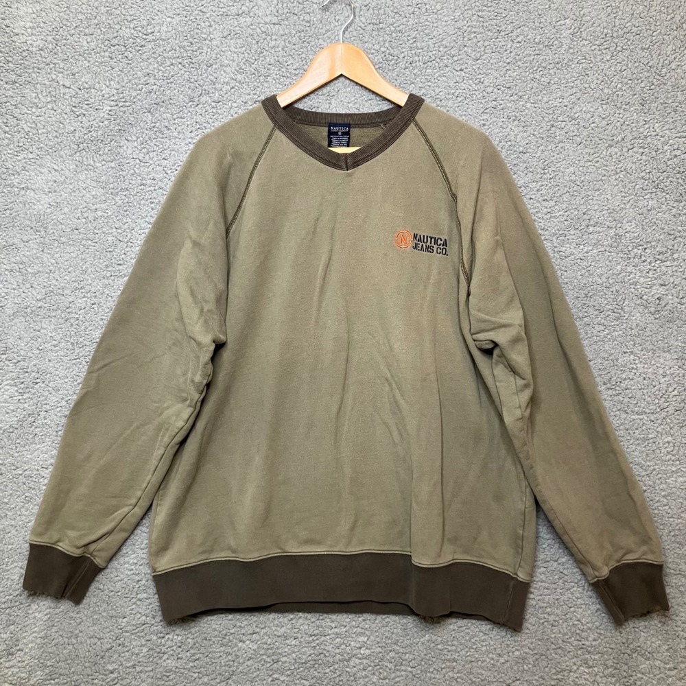 VTG Nautica Jeans Co Sweatshirt Men XL Olive Green V-Neck Pullover 90s Y2K‎